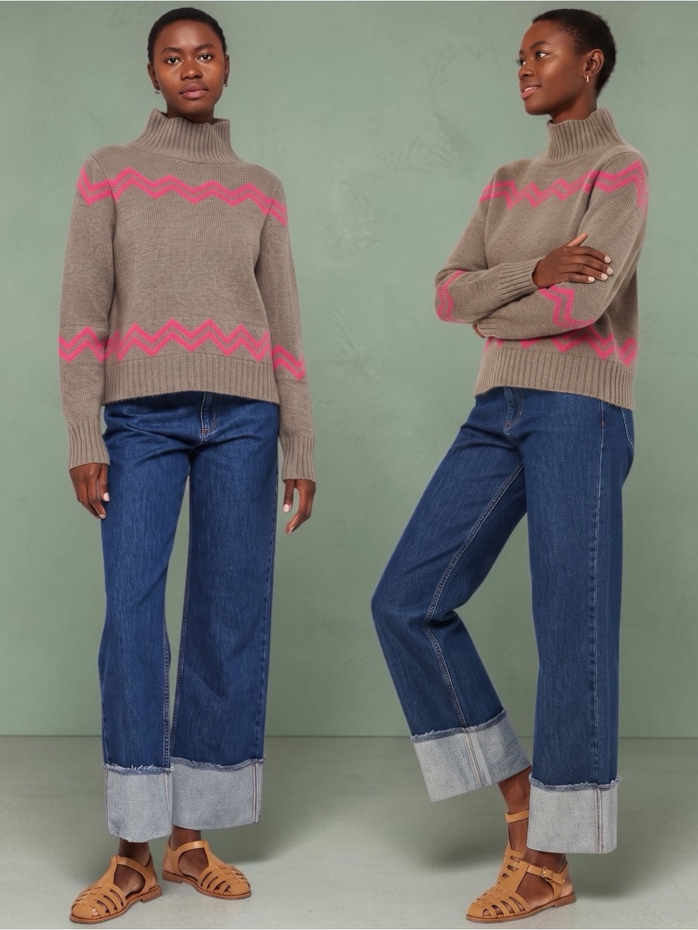 Brodie Mongolian Cashmere Mock Neck Taupe Brown Neon Pink Pull On Sweater Sz Med